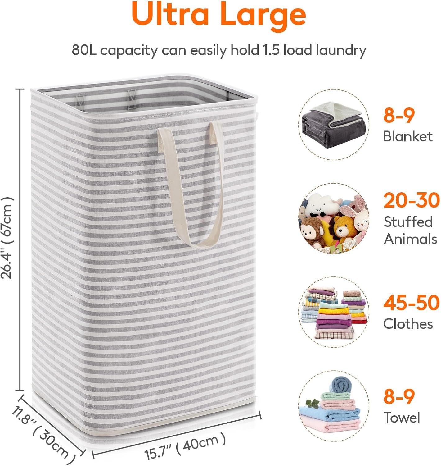 Laundry Hamper Large Collapsible Laundry Basket, Freestanding Waterproof Clothes Hamper Storage with Easy Carry Handles for Clothes in Bedroom Bathroom College Dorm for Adults, Gray, 80L