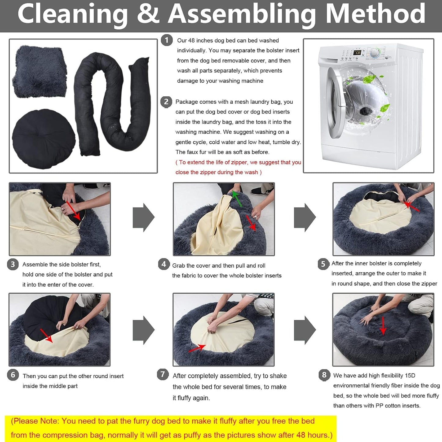 Jumbo plus Orthopedic Dog Bed with Removable Cover for Extra Large Breed Dogs with Zippered Closure Orthopedic Burrow Pet Bed 48 Inches Faux Fur for Senior Dogs Machine Washable